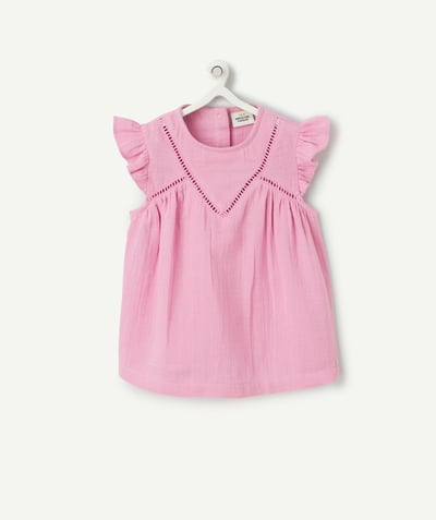 Shirt - Blouse Tao Categories - baby girl blouse in pink cotton gauze with ruffles