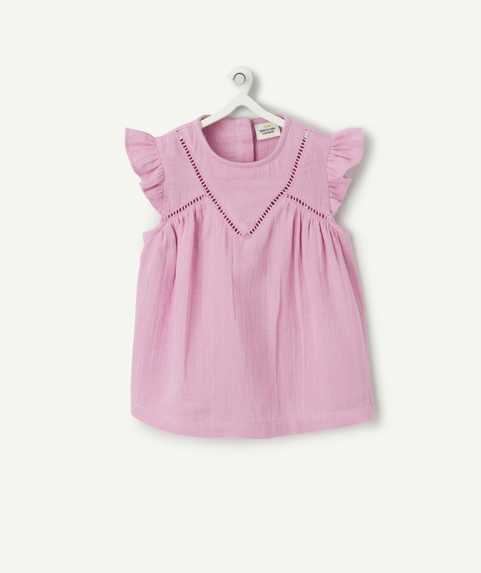 Shirt - Blouse Tao Categories - baby girl blouse in pink cotton gauze with ruffles