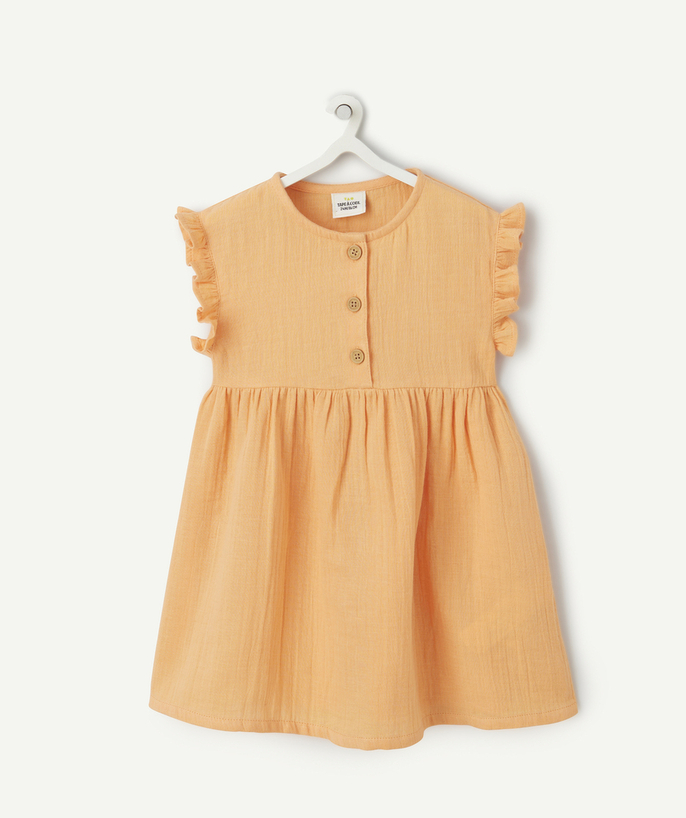 Clothing Tao Categories - baby girl dress in orange cotton gauze with ruffles