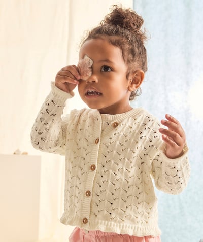 Mała dziewczynka Kategorie TAO - Kardigan dla dziewczynki z bawełny organicznej i szydełka w kolorze ecru
