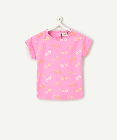 NOWOŚCI Kategorie TAO - Koszulka z krótkim rękawem dla dziewczynki z różowej bawełny organicznej anti-uv z kwiatowym nadrukiem