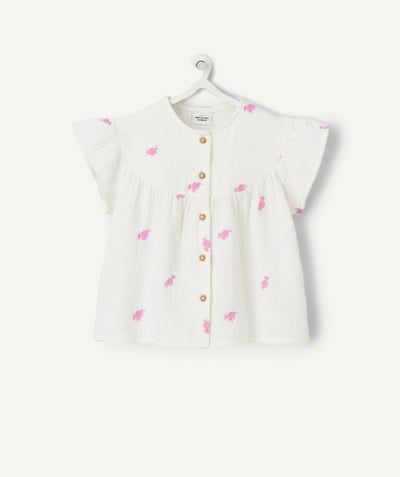 Shirt - Blouse Tao Categories - baby girl blouse in white cotton gauze with purple embroidery
