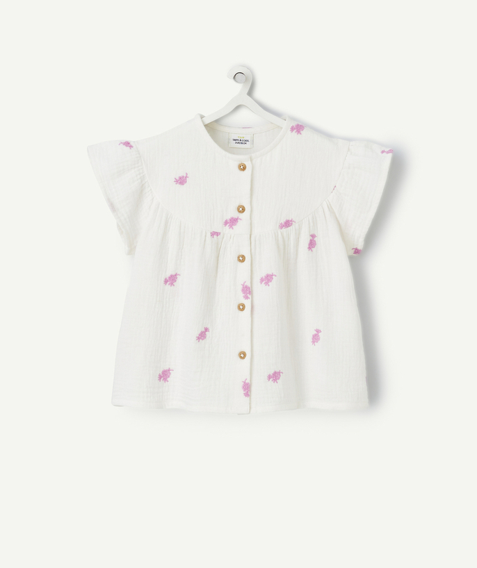 Baby girl Tao Categories - baby girl blouse in white cotton gauze with purple embroidery