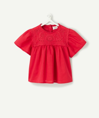 NOWOŚCI Kategorie TAO - Czerwona koszulka z krótkim rękawem dla dziewczynki z angielskim haftem