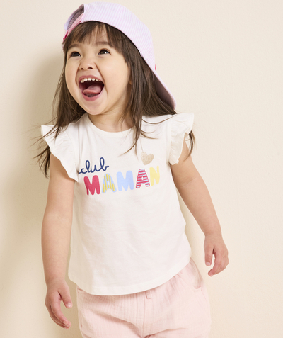 NOWOŚCI Kategorie TAO - koszulka dla dziewczynki z białej bawełny organicznej, wiadomość club maman
