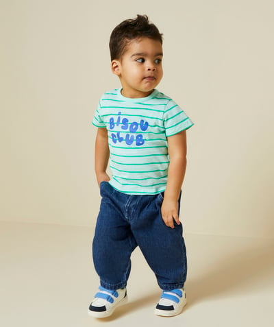 Nouvelle collection Categories Tao - t-shirt bébé garçon en coton bio vert à rayures thème bisous