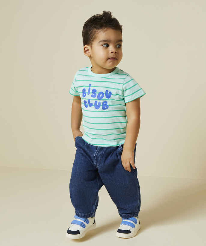 Baby jongen Tao Categorieën - T-shirt voor babyjongens in groen gestreept biologisch katoen met kussenthema