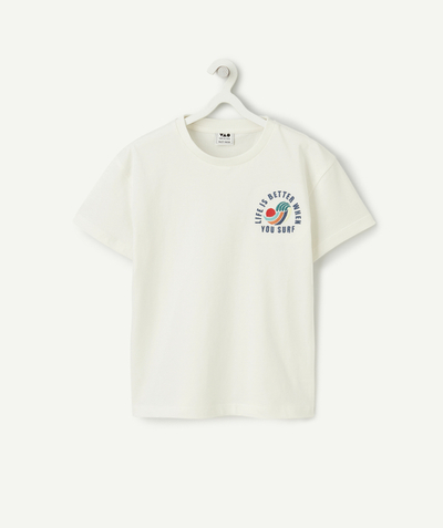 Nueva Colección Categorías TAO - camiseta blanca de algodón orgánico de manga corta para niño con temática surfera