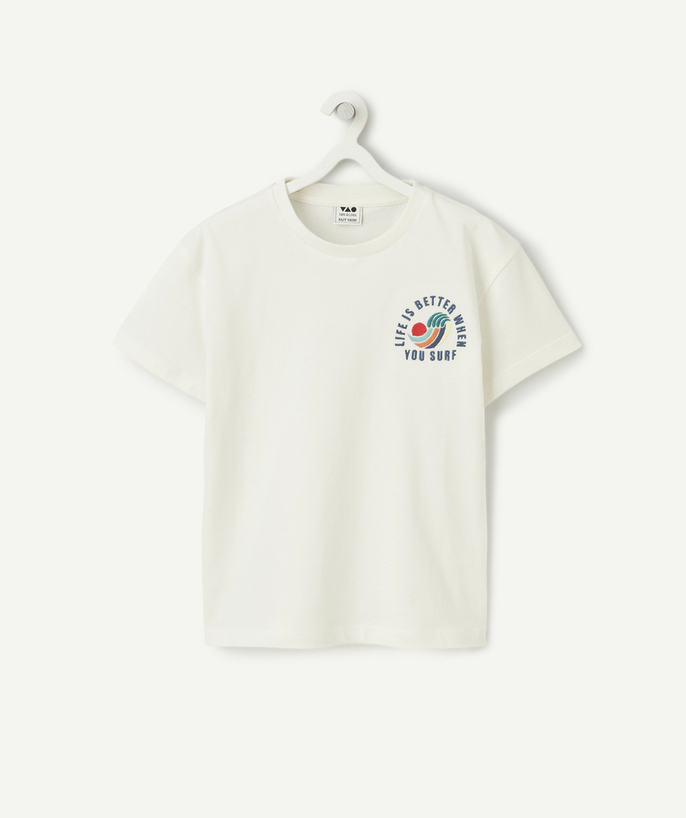 T-shirt Tao Categorieën - wit T-shirt met korte mouwen en surfthema van biologisch katoen voor jongens