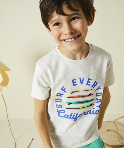 Nueva Colección Categorías TAO - camiseta para chico de algodón orgánico gris jaspeado con motivos surferos bordados