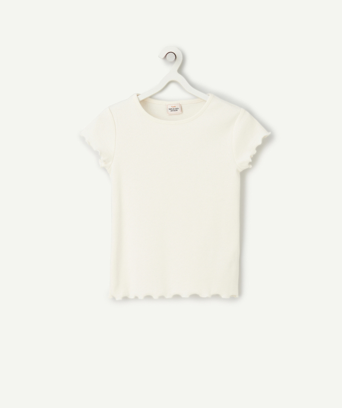 Girl Tao Categories - short-sleeved t-shirt for girls in ribbed ecru organic cotton