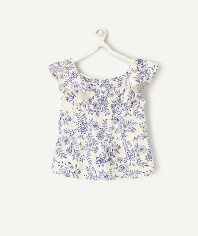 Hemd - Bloes Tao Categorieën - meisjesshirt met korte mouwen in witte viscose met blauwe bloemenprint