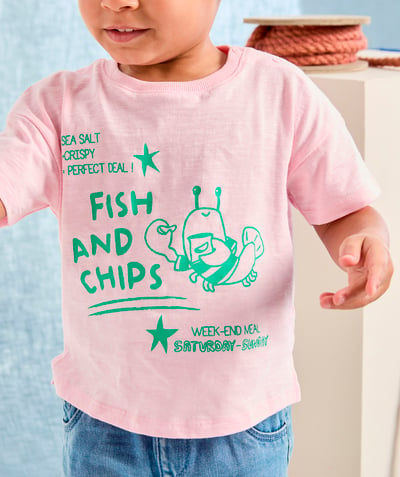 Mały chłopiec Kategorie TAO - Koszulka z krótkim rękawem dla dziewczynki z różowej bawełny organicznej ze wzorem