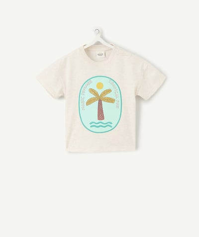 ECODESIGN Kategorie TAO - Koszulka chłopięca z krótkim rękawem z szarej bawełny organicznej z motywem palmy