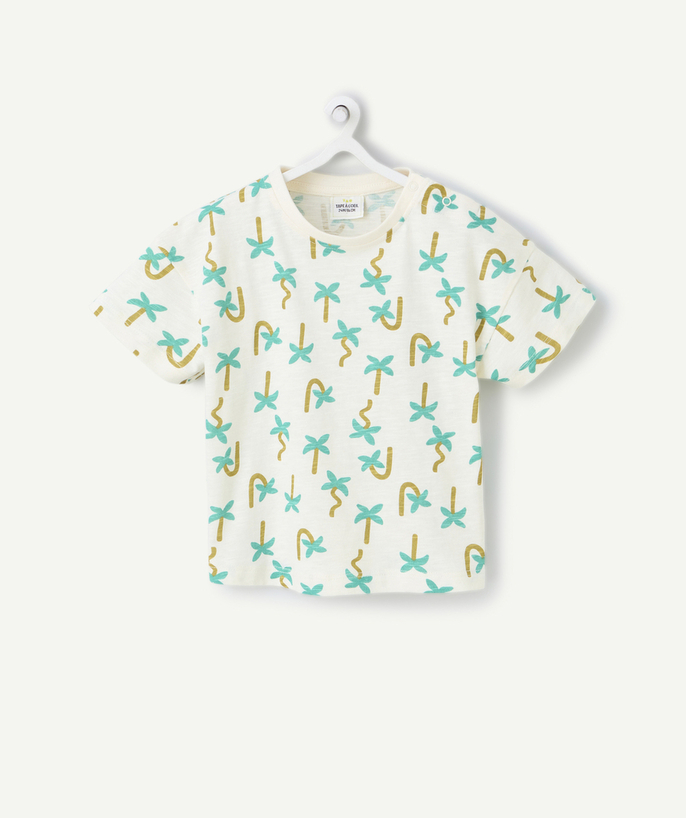 New collection Tao Categories - short-sleeved baby boy t-shirt in palm-tree print organic cotton ecru