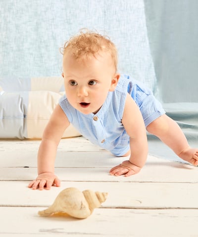 Salopette Categories Tao - combishort bébé garçon en gaze de coton biologique bleu