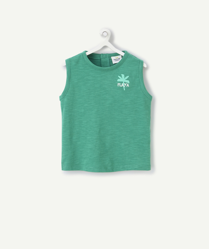 Baby boy Tao Categories - baby boy tank top in green organic cotton with embroidered motif