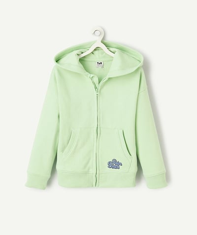 Bluzy Kategorie TAO - Chłopięca bluza z bawełny organicznej w kolorze pastelowej zieleni z motywem palmowej plaży