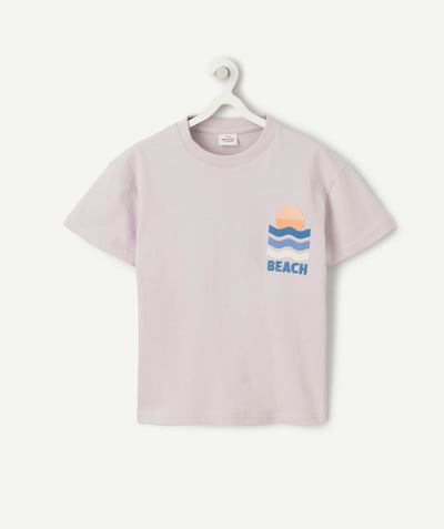 T-shirty - Koszulki Kategorie TAO - Koszulka chłopięca z fioletowej bawełny organicznej z haftem o tematyce plażowej