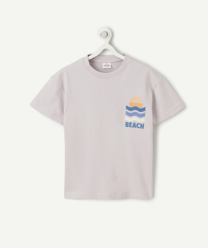 Chłopiec Kategorie TAO - Koszulka chłopięca z fioletowej bawełny organicznej z haftem o tematyce plażowej