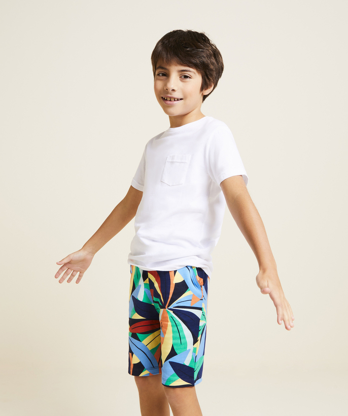 Shorts - Bermuda shorts Tao Categories - Bermuda shorts for boys in navy blue organic cotton with colorful tropical print