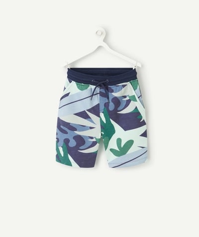 Bermudas - pantalones cortos Categorías TAO - Bermudas para niño en algodón orgánico azul con estampado de follaje
