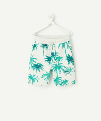 Shorts - Bermuda shorts Tao Categories - boy's Bermuda shorts in mottled grey organic cotton with green palm tree print