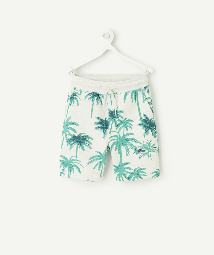 Bermudas - pantalones cortos Categorías TAO - Bermudas de niño de algodón orgánico gris jaspeado con estampado de palmeras verdes
