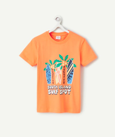 NOWOŚCI Kategorie TAO - T-shirt dla chłopców z pomarańczowej bawełny organicznej z wiadomościami i deskami surfingowymi