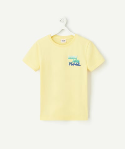 T-shirt Categories Tao - t-shirt garçon en coton bio jaune avec messages colorés dans le dos et au coeur