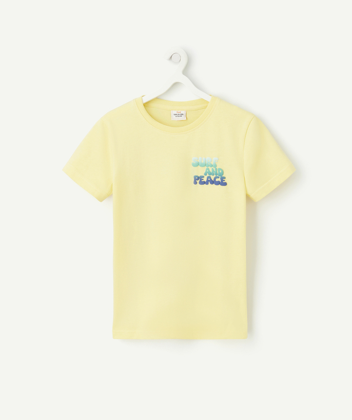 Camiseta Categorías TAO - camiseta de chico de algodón orgánico amarillo con mensajes de colores en la espalda y corazón
