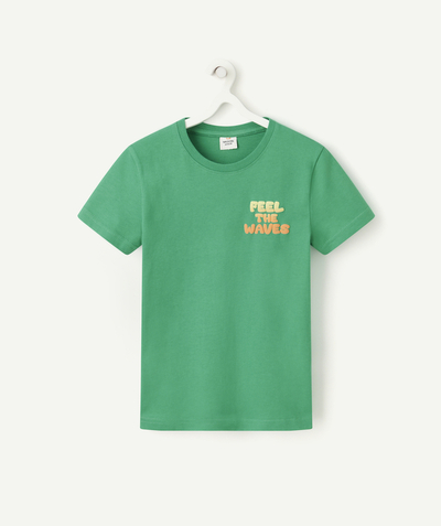 T-shirt Tao Categories - boy's t-shirt in green organic cotton with colorful messages