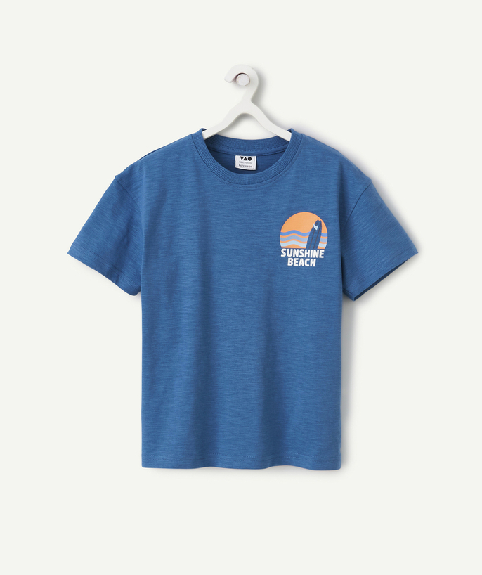 T-shirt Categories Tao - t-shirt garçon en coton bio bleu avec message et motif soleil
