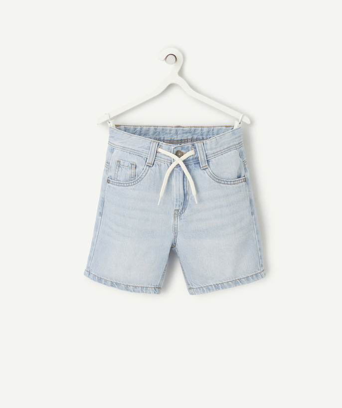 NOVEDADES Categorías TAO - pantalón corto recto de niño en tejido vaquero de bajo impacto azul cielo con cordones de ajuste