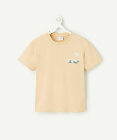 T-shirty - Koszulki Kategorie TAO - Koszulka chłopięca z beżowej bawełny organicznej z palmami i wiadomościami z Florydy