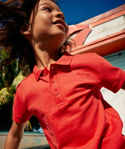 Koszule - Koszulki Polo Kategorie TAO - Czerwona bawełniana chłopięca koszulka polo z krótkim rękawem