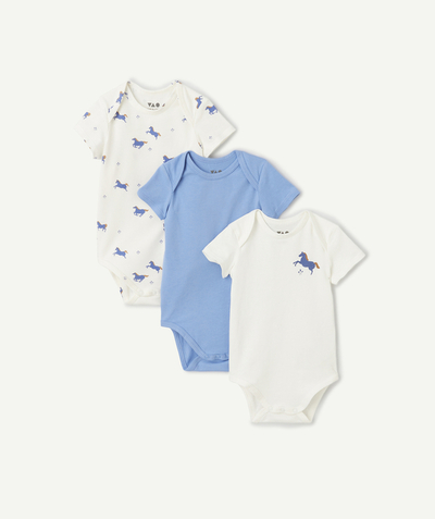 Bodysuit Tao Categories - set of 3 blue and white organic cotton baby bodysuits with horse theme
