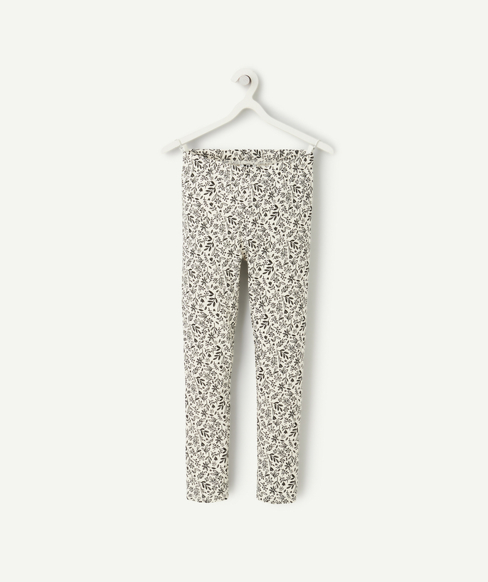 Produkty podstawowe Kategorie TAO - Białe legginsy z bawełny organicznej dla dziewczynek z czarnym nadrukiem kwiatów i liści