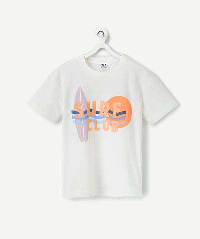 T-shirty - Koszulki Kategorie TAO - Koszulka chłopięca z krótkim rękawem z białej bawełny organicznej z motywem surferskim