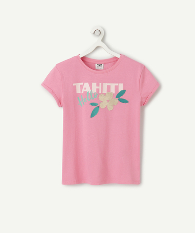 Nieuwe collectie Tao Categorieën - T-shirt met korte mouwen voor meisjes in roze biologisch katoen met een Tahitiaans motief