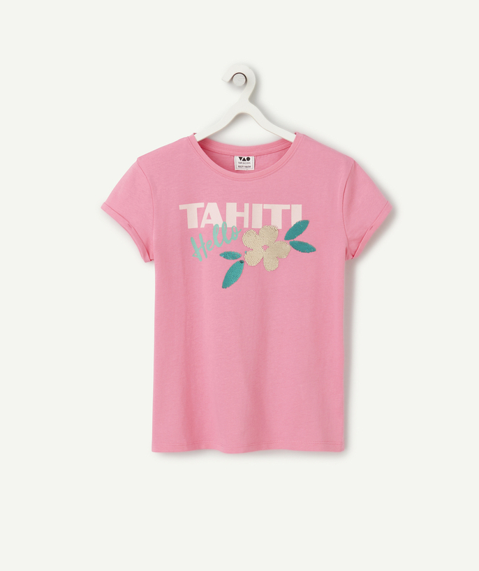 T-shirt - onderhemd Tao Categorieën - T-shirt met korte mouwen voor meisjes in roze biologisch katoen met een Tahitiaans motief