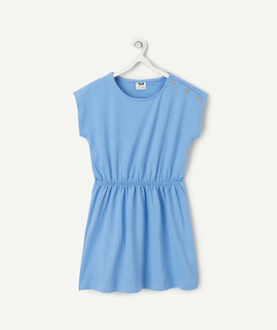Dress Tao Categories - Girl's short-sleeved dress in blue organic cotton with sequined buttons