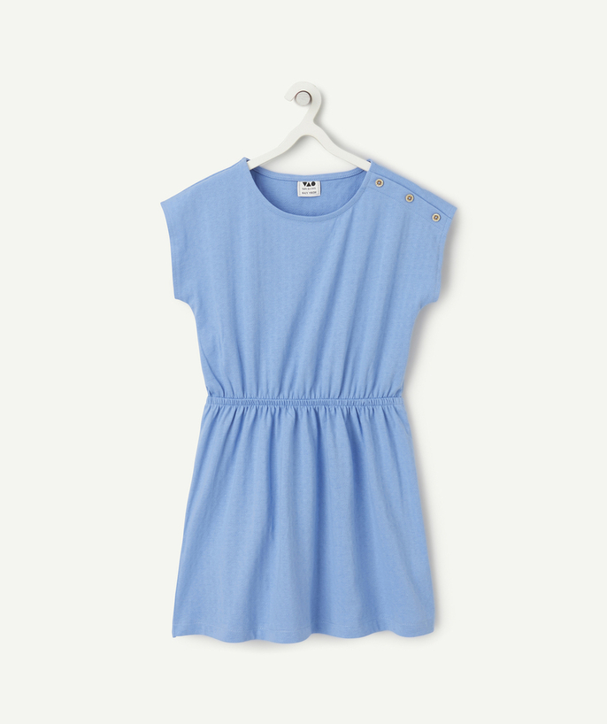 Dress Tao Categories - Girl's short-sleeved dress in blue organic cotton with sequined buttons