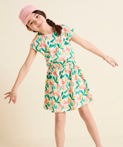 Girl Tao Categories - organic cotton girl's short-sleeved dress with colorful leaf print