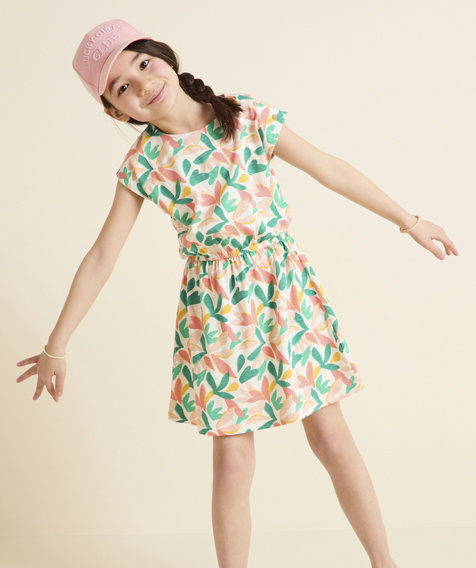 ECODESIGN Kategorie TAO - Dziewczęca sukienka z krótkim rękawem z bawełny organicznej z nadrukiem kolorowych liści
