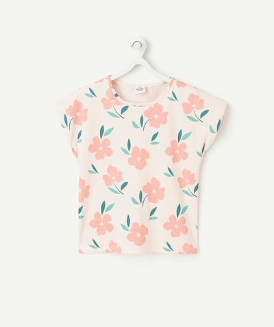 Dziewczynka Kategorie TAO - Dziewczęca koszulka z krótkim rękawem z jasnoróżowej bawełny organicznej z nadrukiem różowych kwiatów