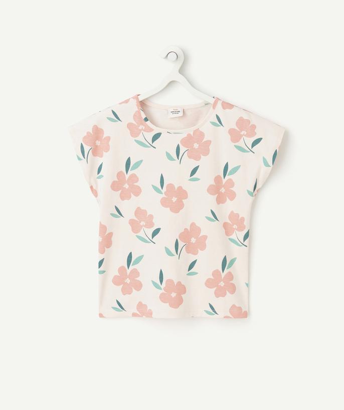 Meisje Tao Categorieën - T-shirt met korte mouwen voor meisjes in lichtroze biologisch katoen met roze bloemenprint