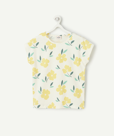 New collection Tao Categories - short-sleeved t-shirt for girls in ecru organic cotton with yellow flower print