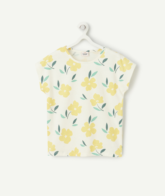 Meisje Tao Categorieën - T-shirt met korte mouwen voor meisjes in ecru biologisch katoen met gele bloemenprint