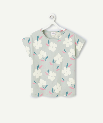 New collection Tao Categories - girl's t-shirt in green organic cotton with flower print